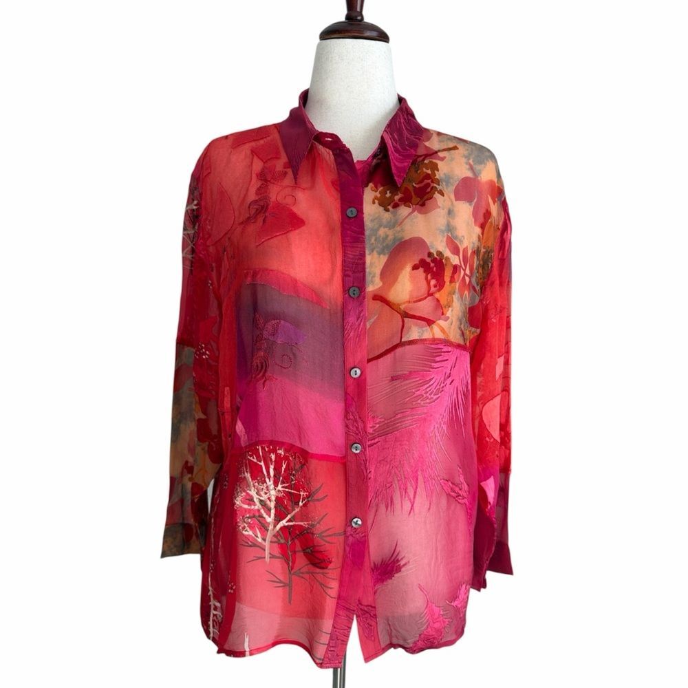 Vintage Chico’s Design Silk Patchwork Blouse Sz. 3 Sheer Embroidered Art Top Y2K